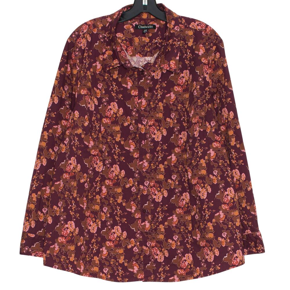 Chadwicks Top Floral Button Up Long Sleeve Autumn Fall Maroon Plus Size 24W